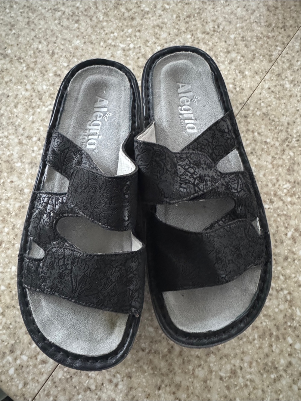 Alegria Black Patterned Slide Sandals